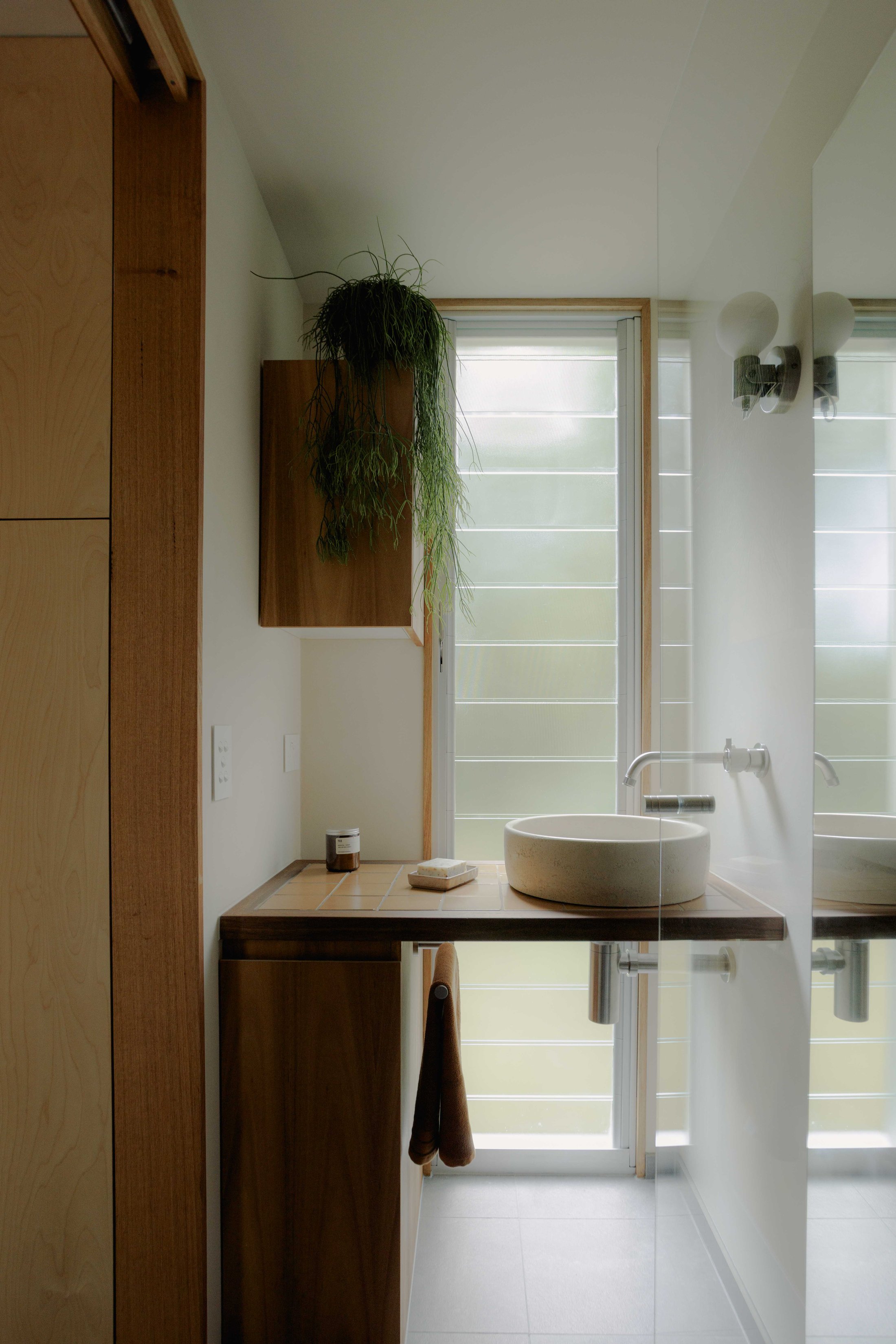 Bathroom vanity with round basin and hanging plant