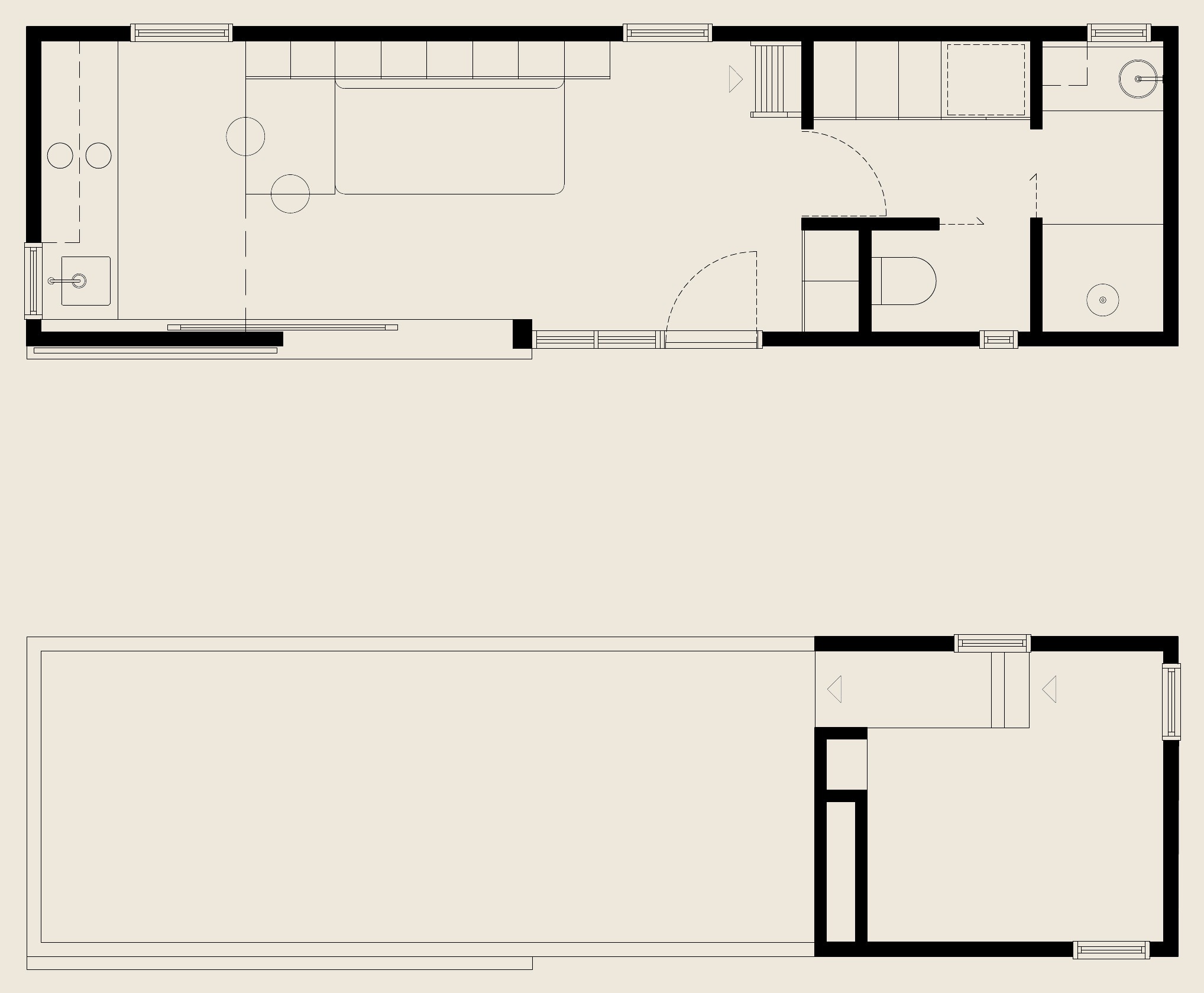 Floor plan of Rowan showing bedroom loft, living area, kitchen, bathroom and entry layout